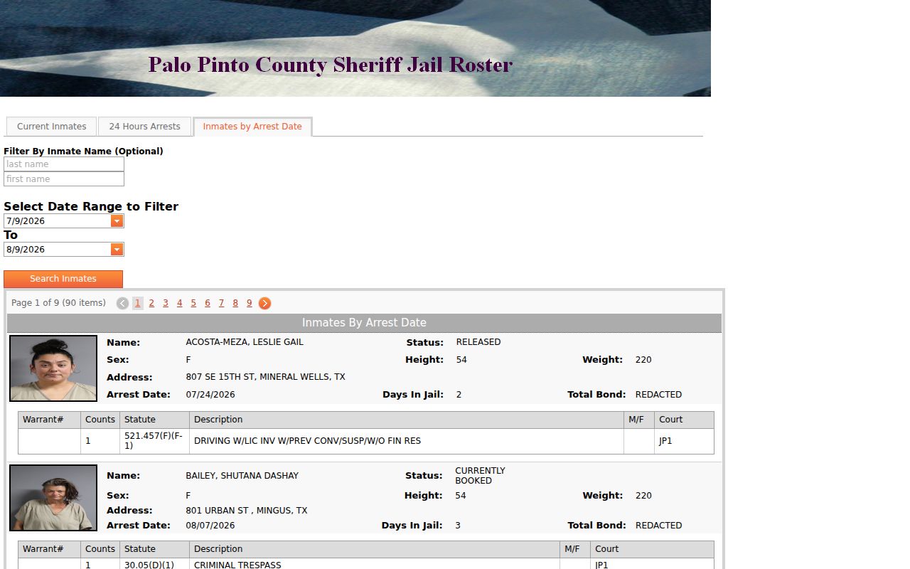 Palo Pinto County arrest records arrest date archive