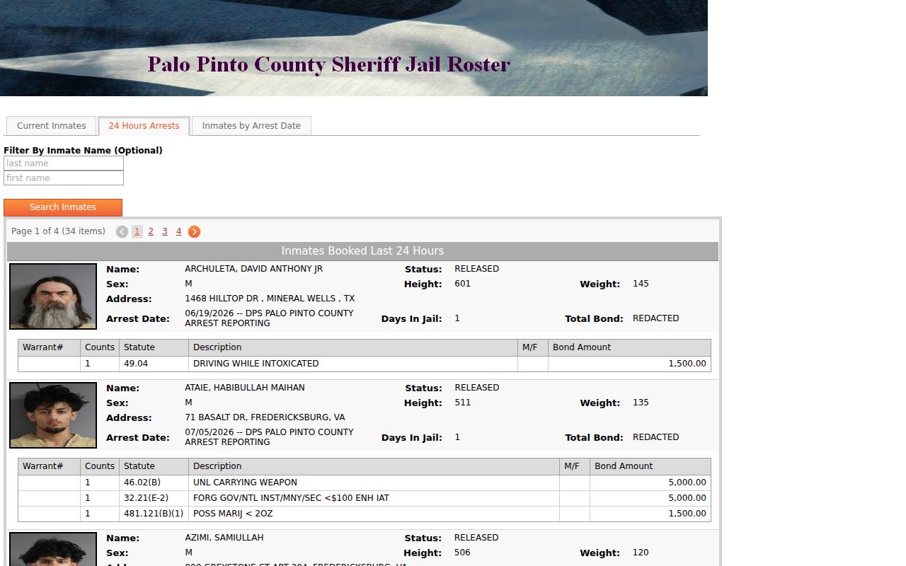 Palo Pinto County arrest history recent 24 hour booking log