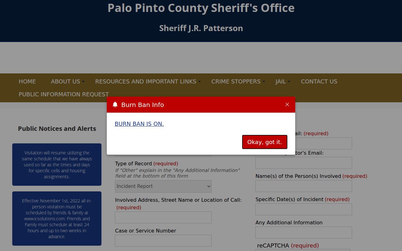 Palo Pinto County arrest report online request page