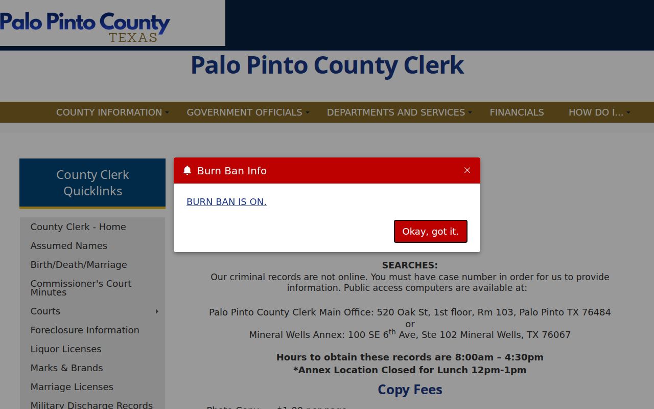 Palo Pinto County criminal court case access at the County Clerk