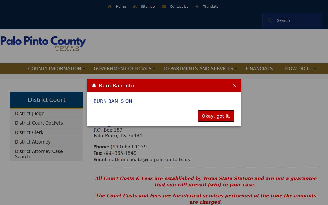 Palo Pinto County District Clerk criminal court case contact