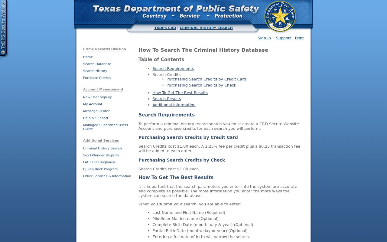 Palo Pinto County criminal history Texas DPS CCH instructions