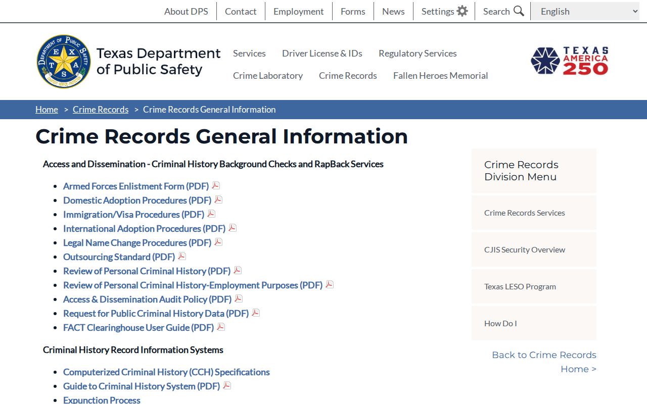 Palo Pinto County criminal history Texas DPS Crime Records information