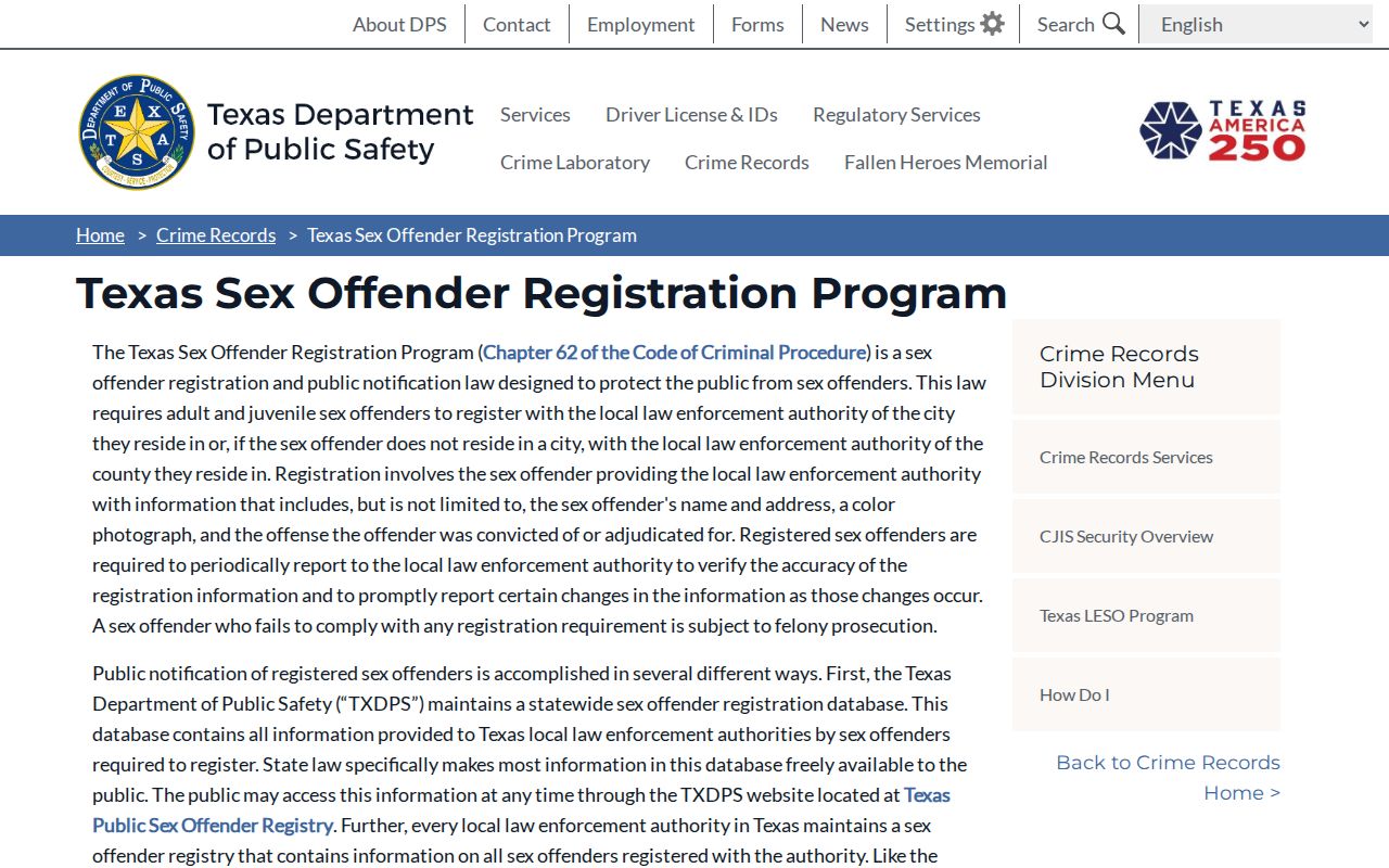 Texas registration program information for Palo Pinto County offenders