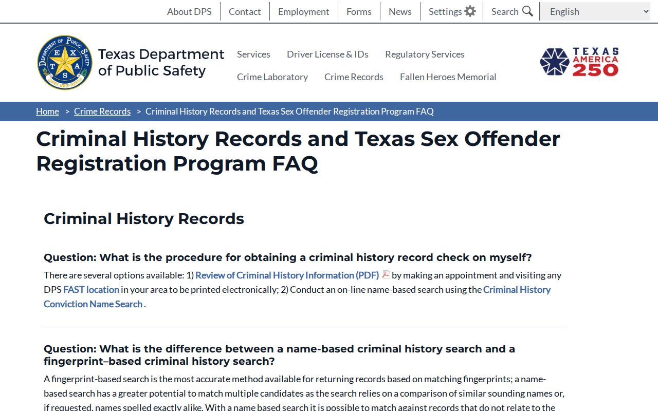 DPS FAQ on public Palo Pinto County registry profile fields